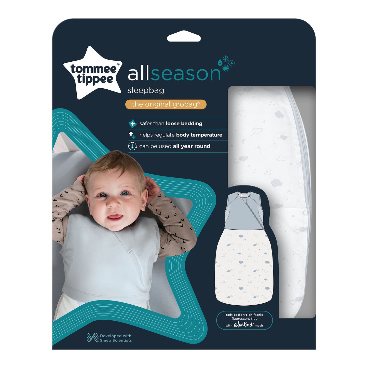 Tommee Tippee All-Season Sleeping Bag for Newborns, The Original Grobag, Developed with Sleep Scientists, Dual-Tog, Hip-Healthy Design, Soft Cotton-Rich Jersey and Aloe-Infused Mesh Fabric, 0-6m