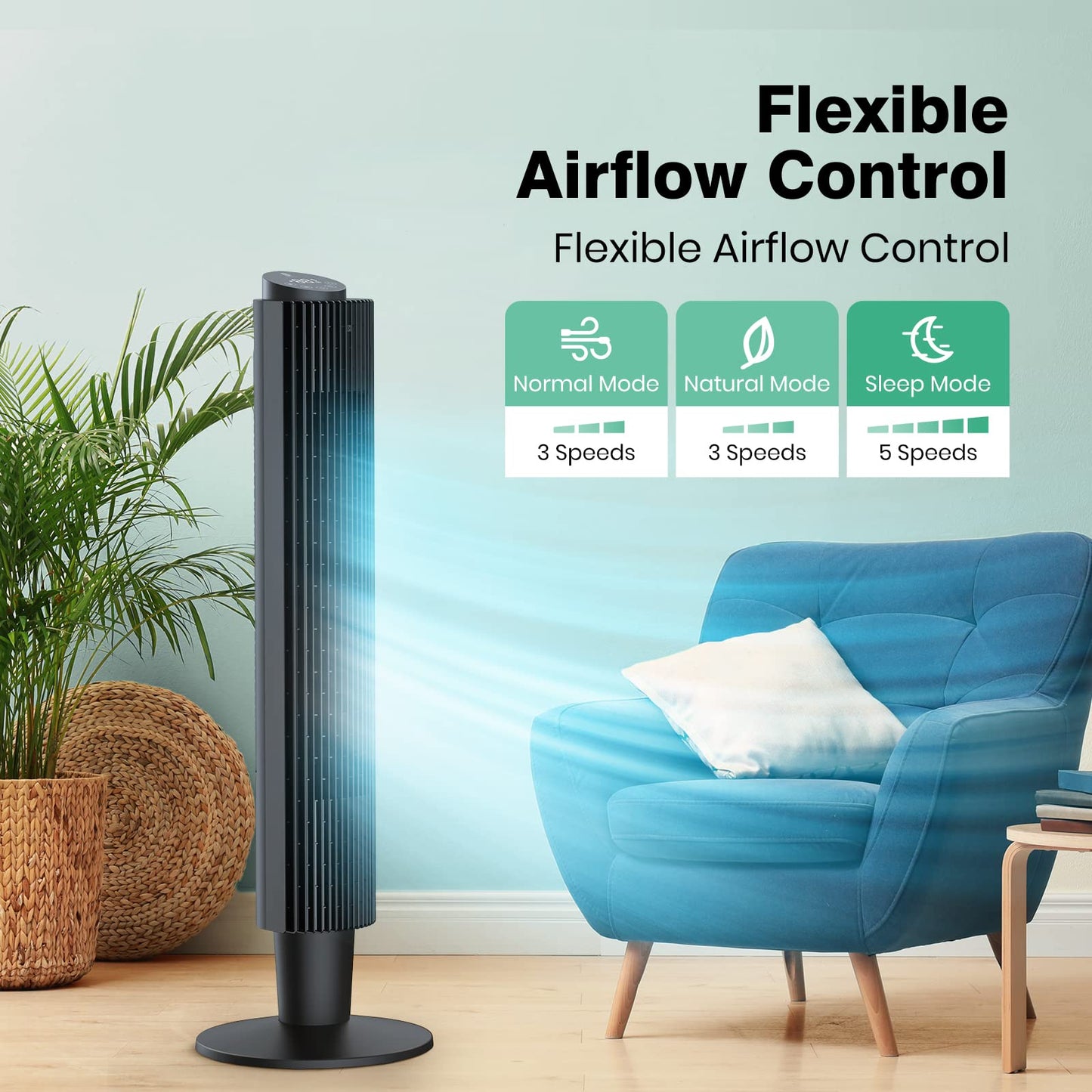 Tower Fan 90° Oscillating Cooling Fans 42”or 36” Height Adjustable Tower Fans with Remote 35 dB Quiet Cooling 5 Fan Speeds Sleep Mode LED Display 12H Timer for Office and Home, Black, TF005