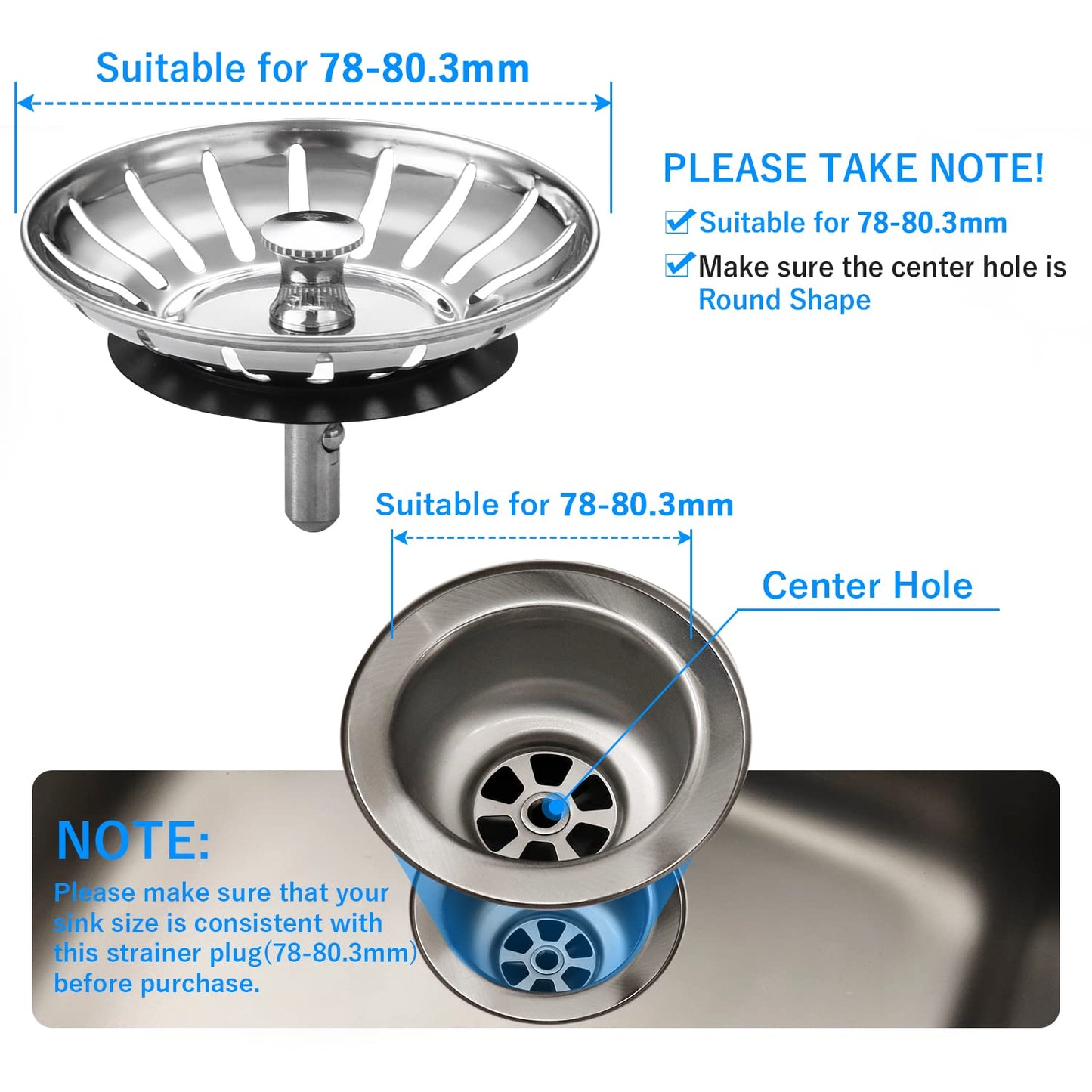 Upgraded Kitchen Sink Plug Strainer Stainless Steel Strainers Sink Plugs Replacement Drain Stoppper for Food/Hair Catcher - UK Sinks Hole Diameter 78mm