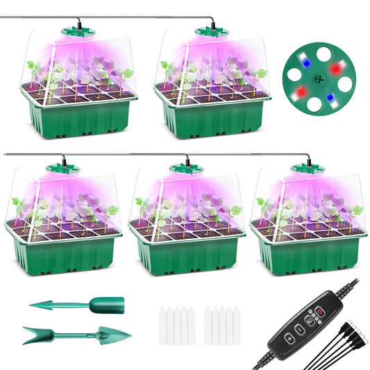 5 Pack Seed Starter Trays with Grow Light with Timing Controller Adjustable Brightness,Thicken Seedling Starter Trays with Humidity Domes Heightened Lids(Green) Green