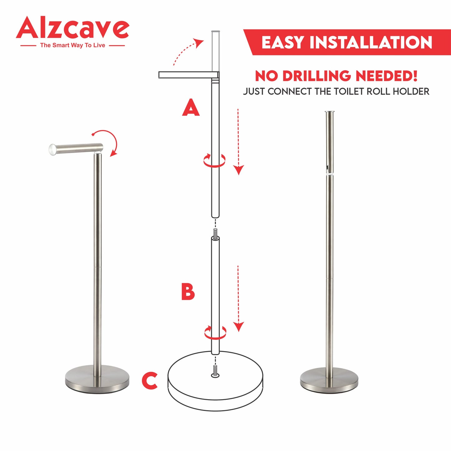 (Alzcave) 2 in 1 Graceful and Trendy - Toilet Roll Holder Free Standing - Stainless Steel Toilet Paper Holder - 5 Toilet Roll Storage Dispenser - Toilet Paper Stand Heavy Base