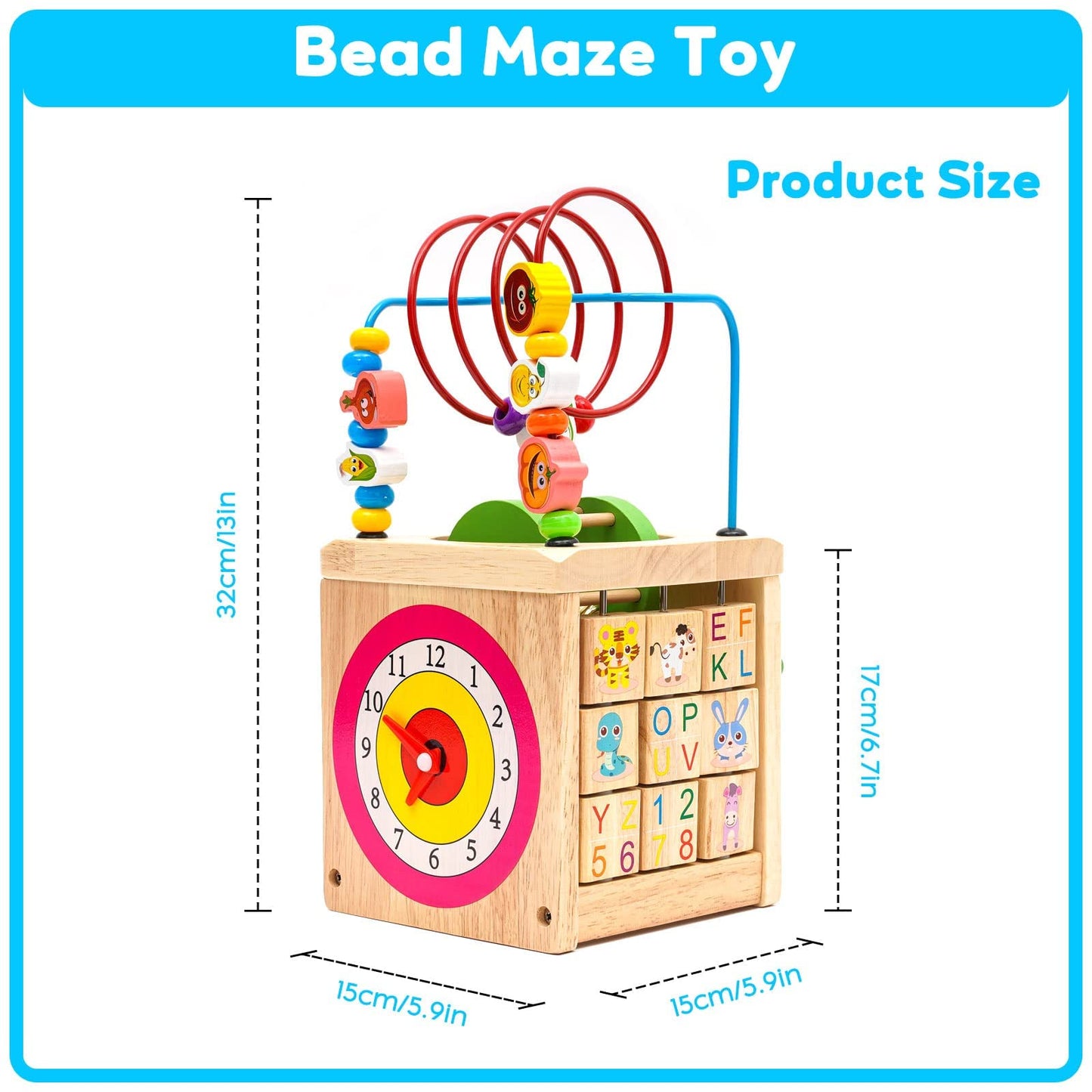 Wooden Activity Cube 7 in 1 Wooden Shape Sorter Activity Centre Multifunctional Educational Bead Maze Clock Rollercoaster Abacus Puzzle Animal Alphabet Number Toy for Child Kids Boys Girls