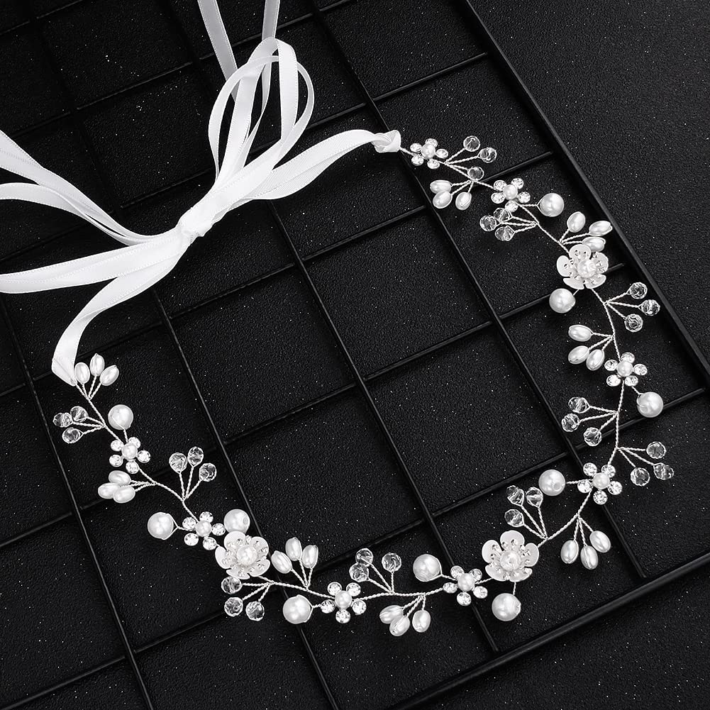 Uongeod Crystal Pearl Bridal Headband Bohemian Headpiece Leaf Hair Vine Flower Wedding Hair Accessories(Silver) Silver