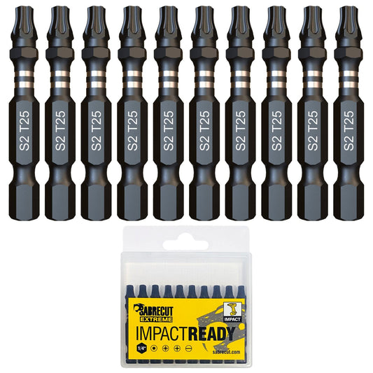 10 x SabreCut SCTX2550_10 50mm TX25 T25 Impact Screwdriver Driver Bits Set Single Ended Torx Heavy Duty Including Storage Box