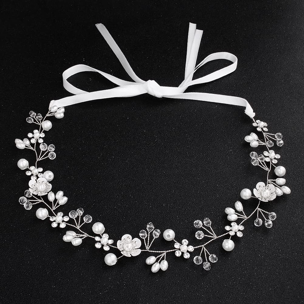 Uongeod Crystal Pearl Bridal Headband Bohemian Headpiece Leaf Hair Vine Flower Wedding Hair Accessories(Silver) Silver