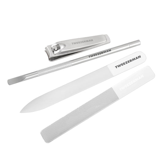 Tweezerman 4pce Glass Manicure Set - Professional Nail Kit for The Perfect Nails Includes Glass Nail File & Buffer, Nail Clippers, Pusher, Suitable for Women, Men & Teenagers