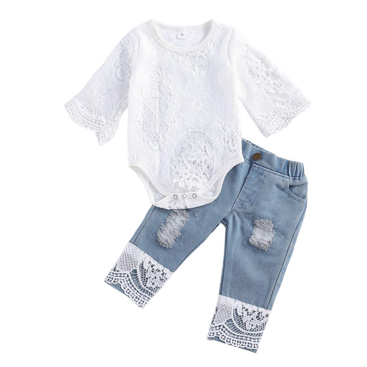 Baby Girl Clothes Outfits White Lace Ruffle Romper Top +Jeans Shorts Clothing Set 3-24 Months 6-12 Months White2