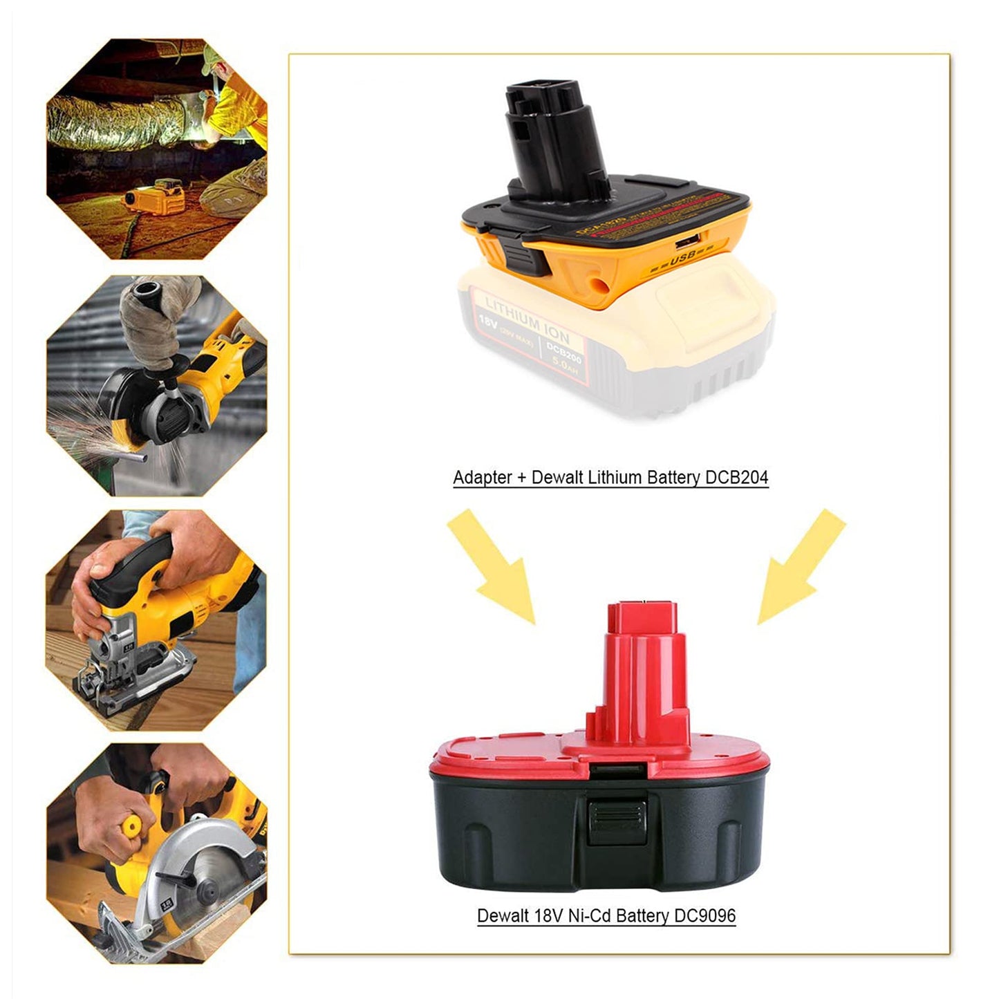 Adapter for Dewalt 18V/20V Lithium Batteries, Adapter DCA1820 for Dewalt 18/20V Lithium Battery DCB204 DCB205 DCB206 DCB606 Convert to NiCad NiMh Battery Tools Adapter with USB Output 1 PCS