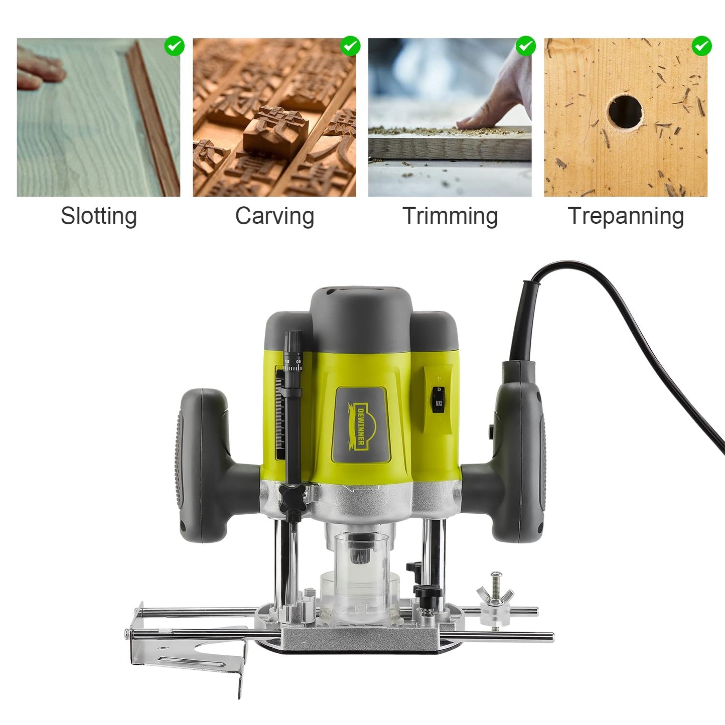 Wood Trimmer, DEWINNER Router Tool Electric Woodworking Power Router Trimmer,Variable Speed Hand Joiner Tool Plunge Router, Trimmer Laminator with 12PC 6mm 8mm Bits Collets