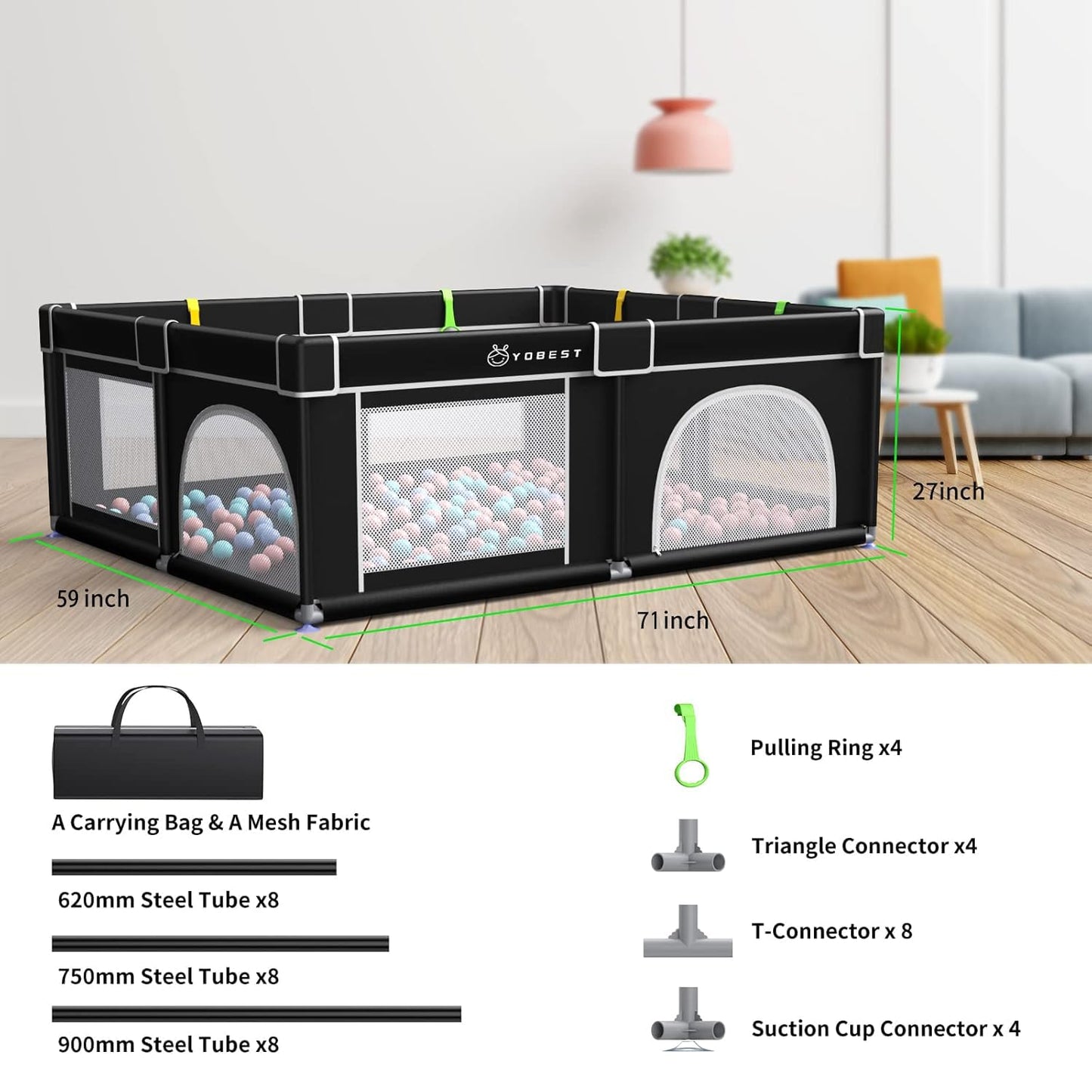 YOBEST Baby Playpen, Extra Large Playyard for Baby, Play Pens for Babies and Toddlers, Sturdy Safety Huge Baby Fence Play Area Center with Gate, Giant Play Yard for Kids, Twins, Child, Infants 150x180x68cm Black