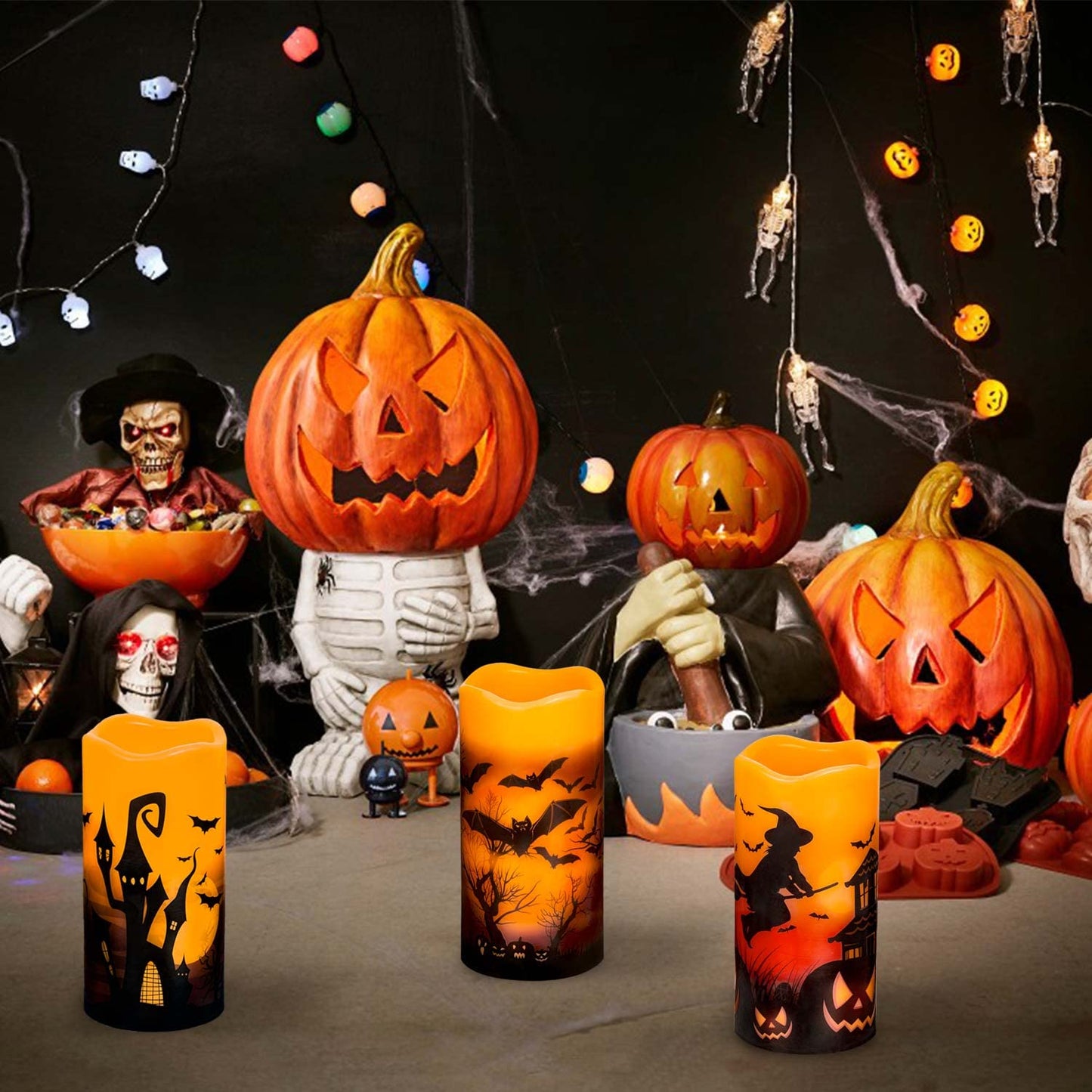 3 PCS Battery Operated Flameless Flickering Candles with 6 Hour Timer, Real Wax Electric LED Halloween Fake Pillar Candles with Castle, Witch, Bats for Indoor Kids Halloween Thanksgiving Decor Multicolour