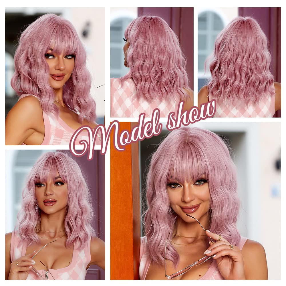 VAIRETY Short Wave Pink Wigs With Bangs, 14 inch Bob Purple Wig with Air Bangs, Curly Fringe Heat Resistant Synthetic Wig, Shoulder Length Wig For Girl Wigs for Christmas Purple Pink