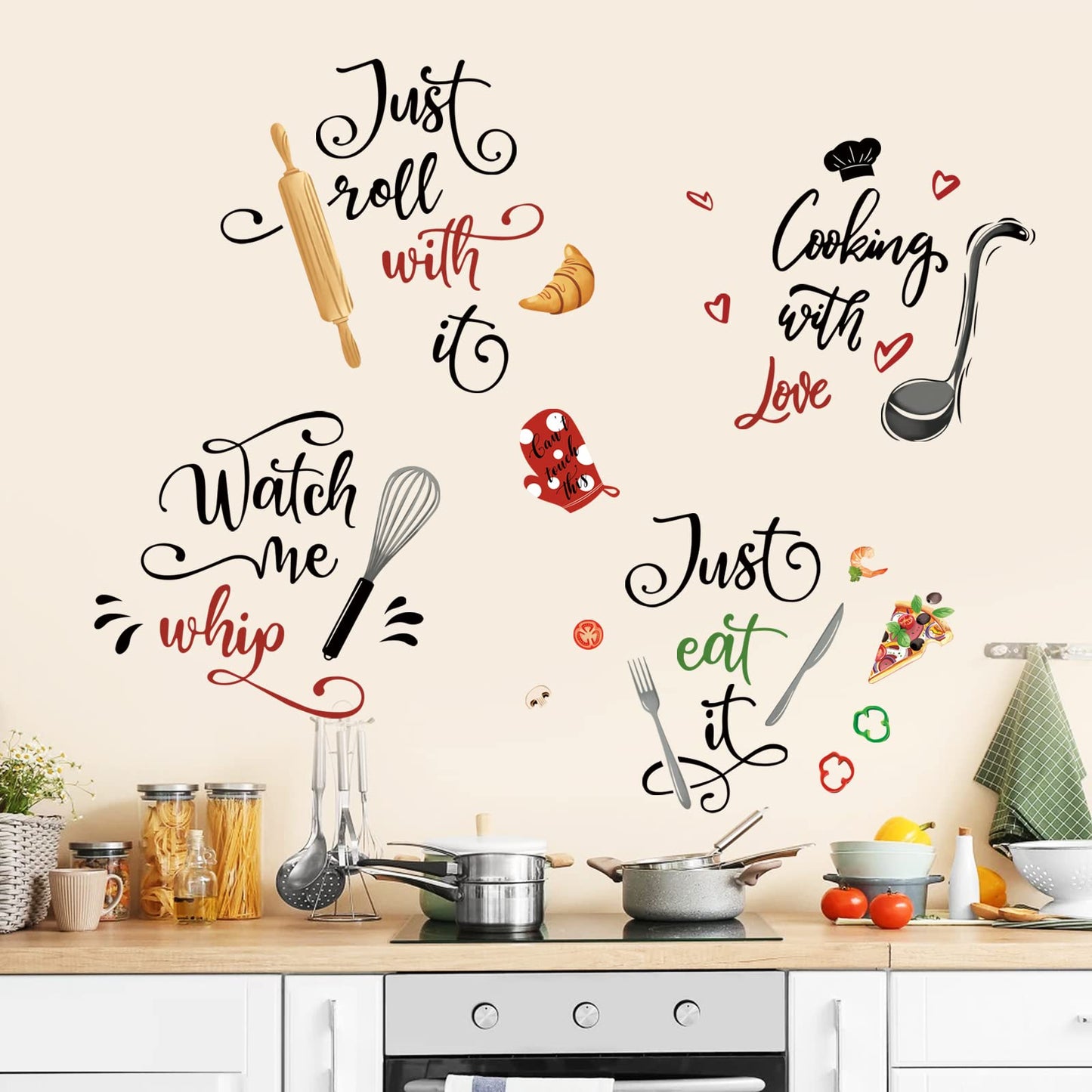 wondever Kitchen Food Wall Stickers Kitchenware Lettering Peel and Stick Wall Art Decals for Cupboard Dining Baking Room Restaurant