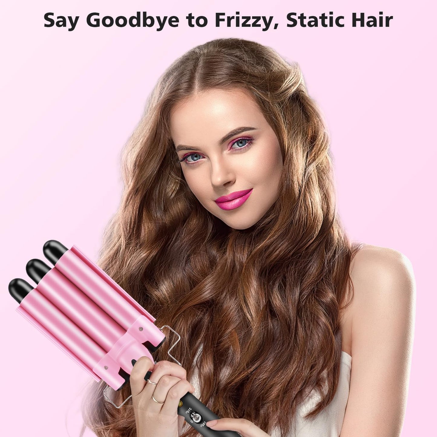 3 Barrels Hair Curler - 25mm Curling Iron Tongs Hair Waver Mermaid Waves Wand Beach with 2 Temperature Control Quick Heating for Long or Short Styling Pink