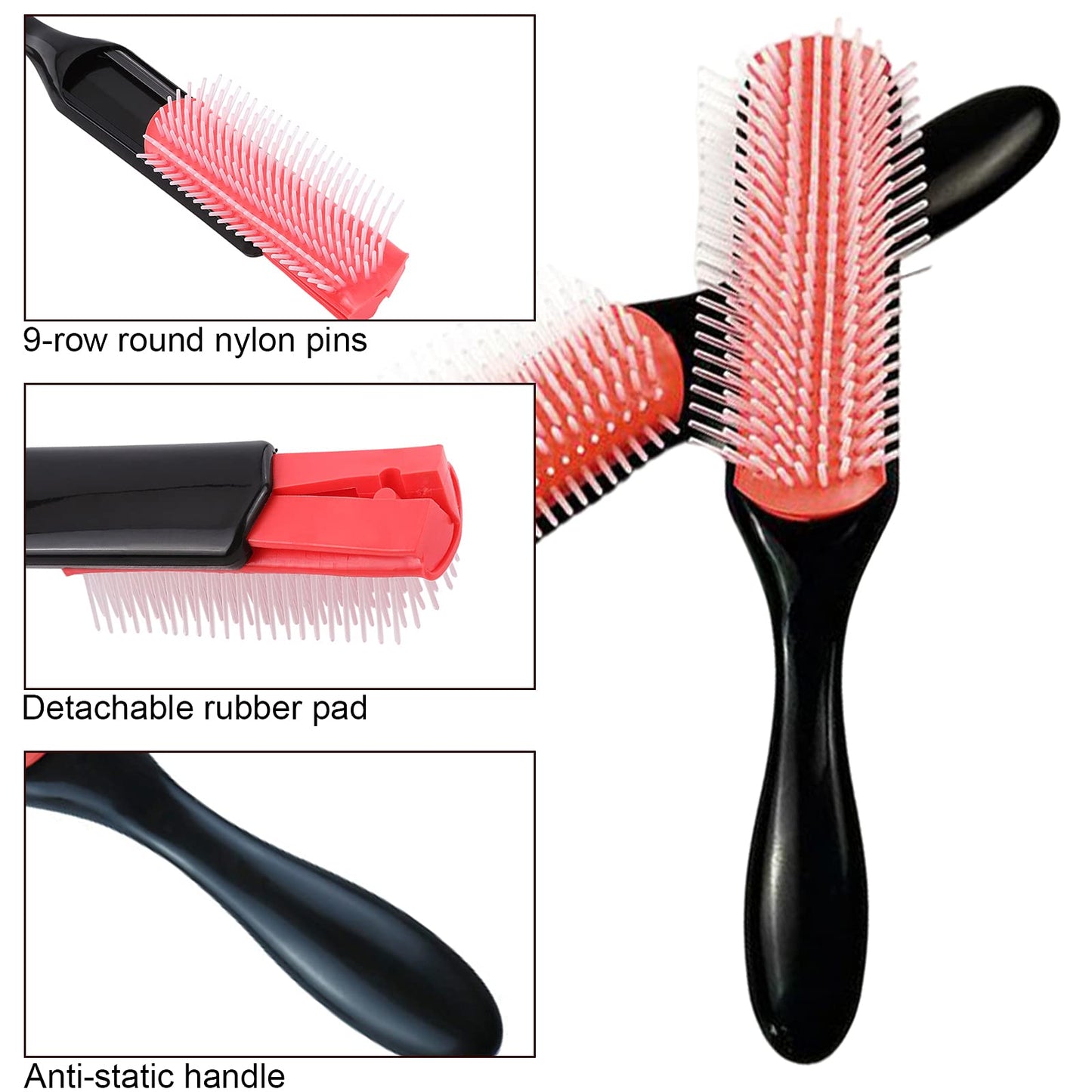 2 PCS Hair Brushes for Curly Hair, VEGCOO 9-Row Cushion Brush Nylon Bristle with Anti-Static Rubber Pad, Styling Hairbrush Tools for Blow Drying Hair Styling, Separating, Detangling, Shaping (2 Sizes) 2 Pieces