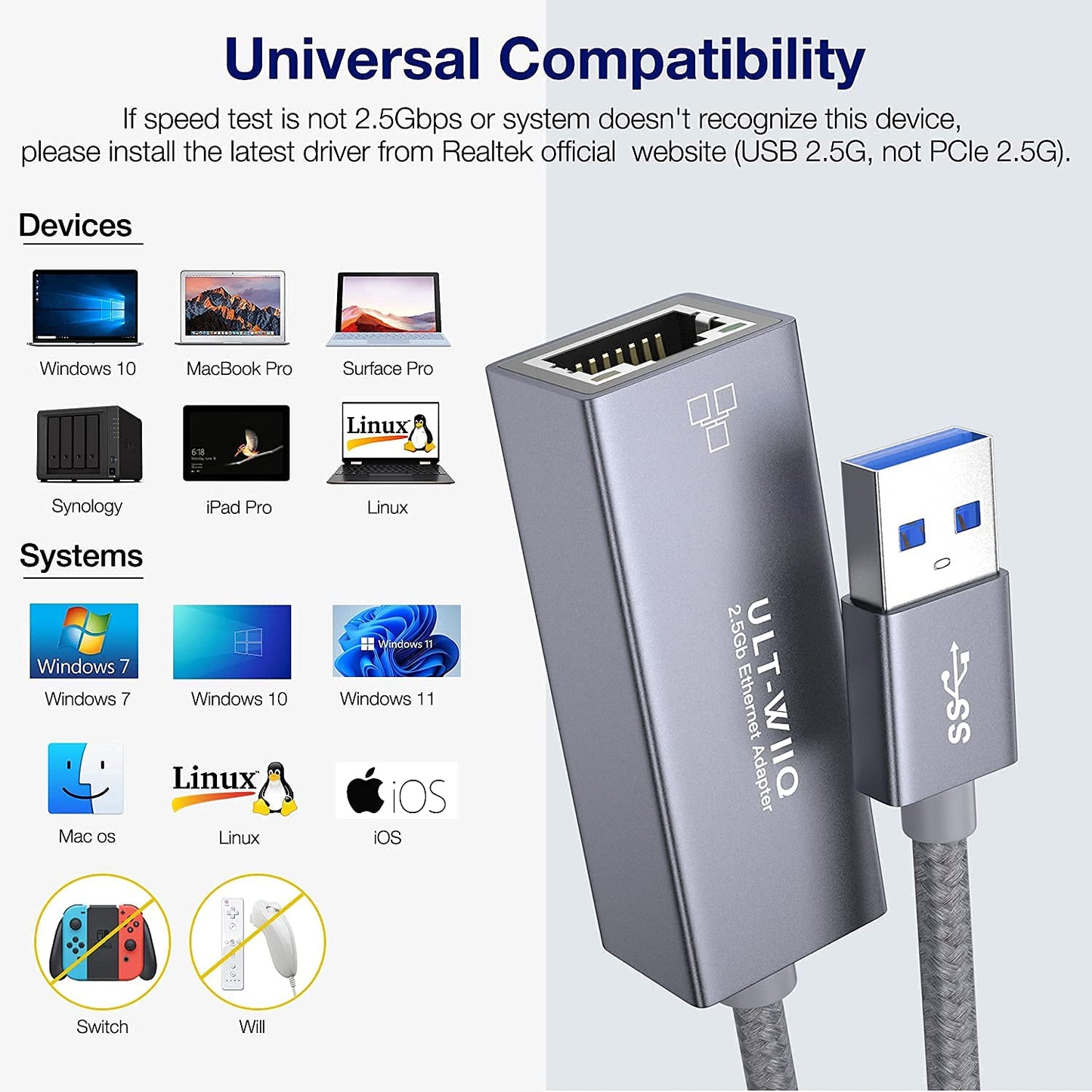 ULT-WIIQ-USB 2.5G Ethernet Adapter, USB 3.0 to RJ45 2.5GbE LAN Gigabit Network Adapter with 2500Mbps Full Speed for MacOS, Windows, Linux, Dell XPS, Surface Pro, Laptop, Tablet, Synology NAS and PC USB A