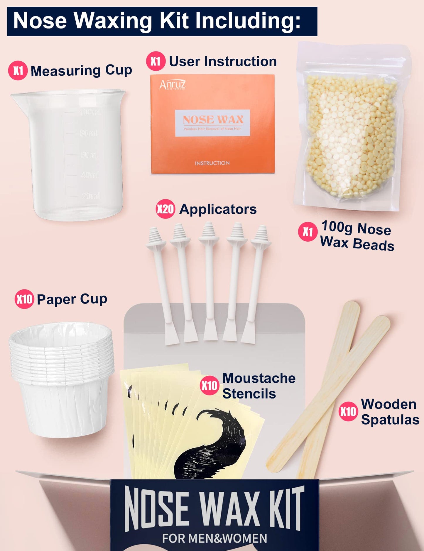 ANRUZ Nose Waxing kit with 100g Nose Wax Beads,Nose Hair Wax Kit with 10 Wooden Spatula, 20 Applicators and 10 Paper Cup- Painless & Safe Nose Hair Re 41 Piece Set