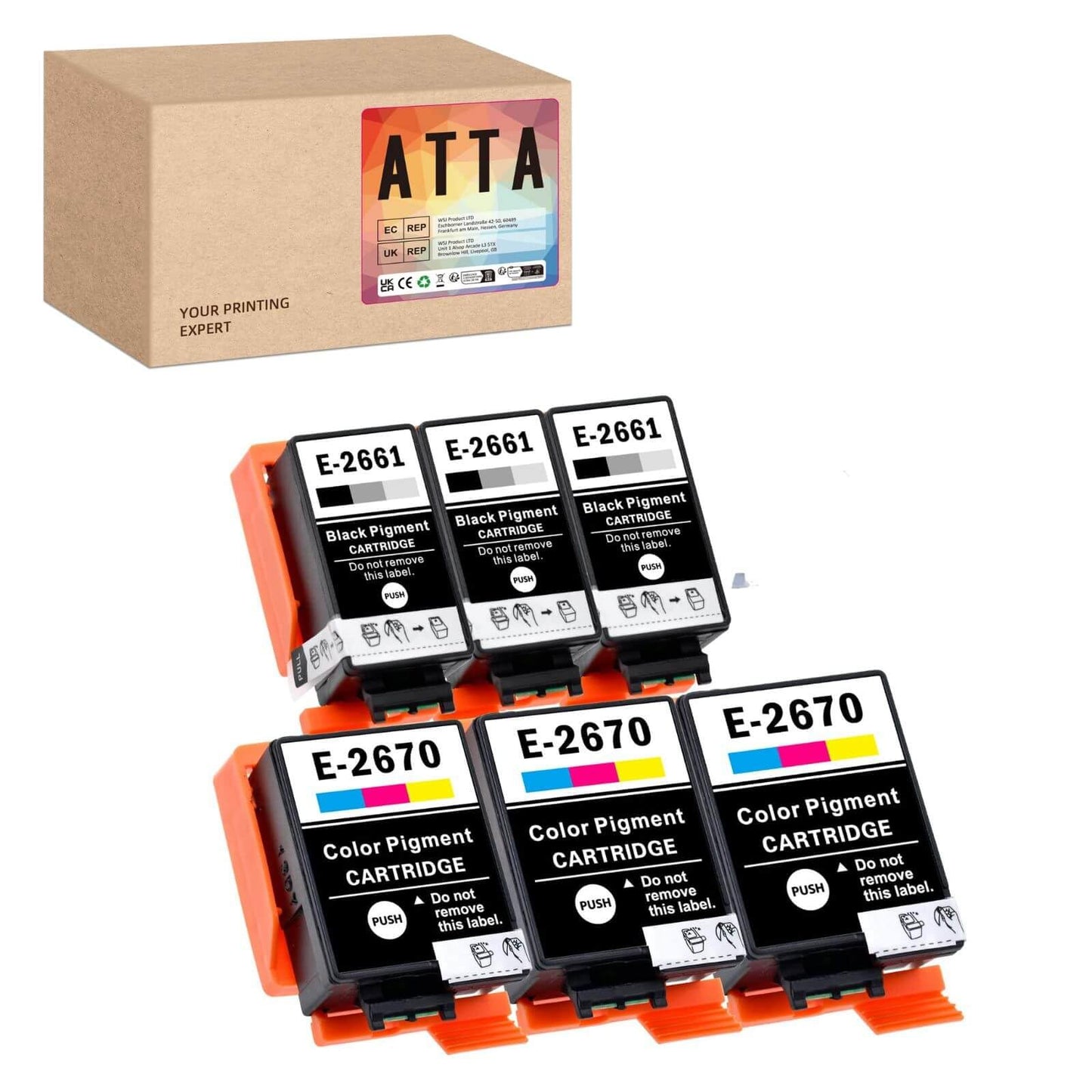 ATTA Compatible Epson 266 & 267 Ink Cartridges, 2661 T2661 T2670 Work for Epson Workforce WF-100W WF-110W Printer with Pigment Ink, 6 Pack (3 Black, 3 Colour) 3 Black+3 Colour