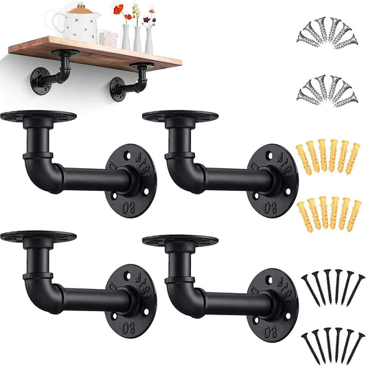 4 PCS Pipe Shelf Bracket，Industrial Floating Shelf Bracket Heavy Duty Plumbing Pipe Shelf for Scaffold Board Wall Mounted, Black 4 Pack Black