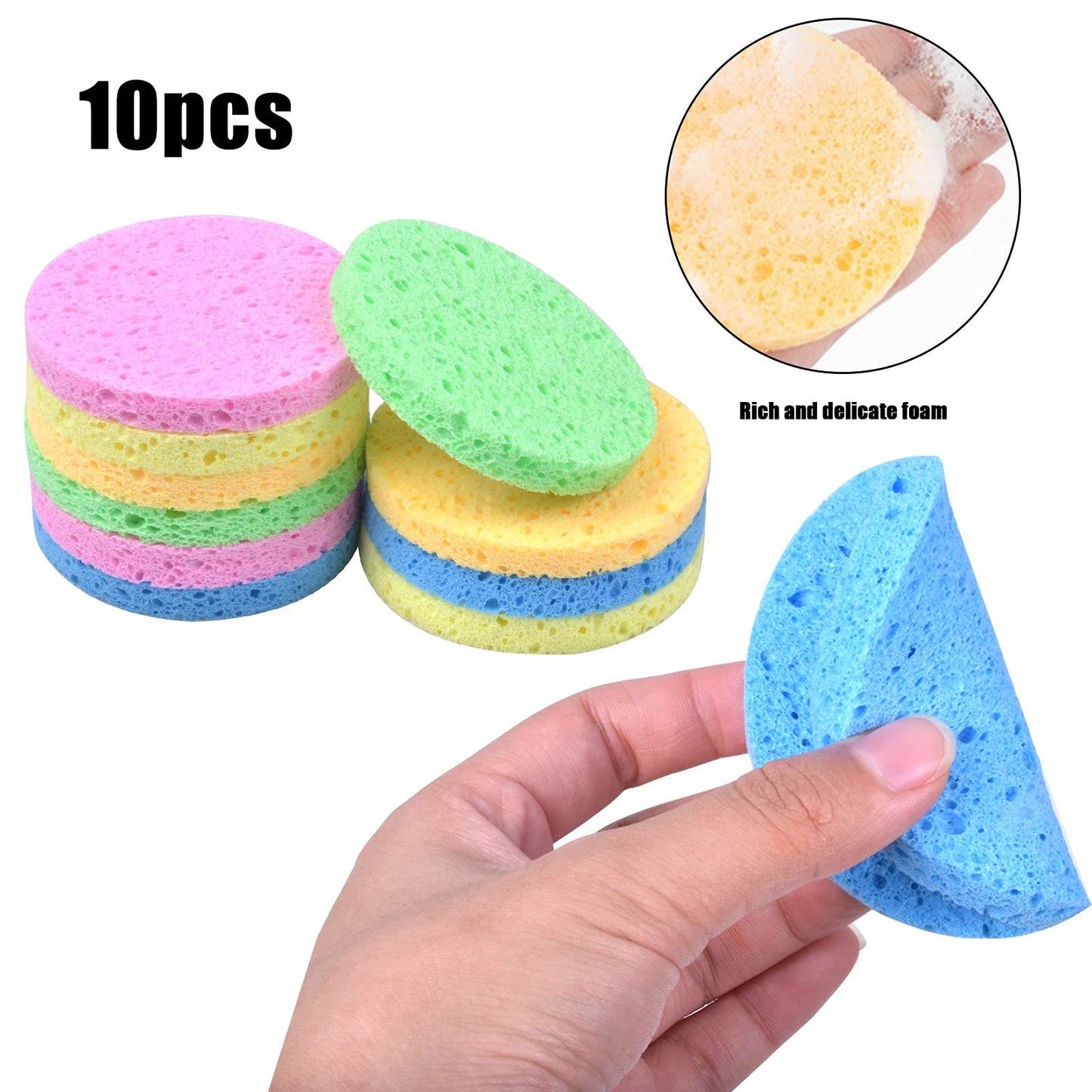 10 Pcs Facial Sponges, Reusable Face Cleaning Sponge, Natural Cellulose Face Sponge, Beauty Sponges for Facial SPA Massage Makeup Removal (5 colors） (Round) Round