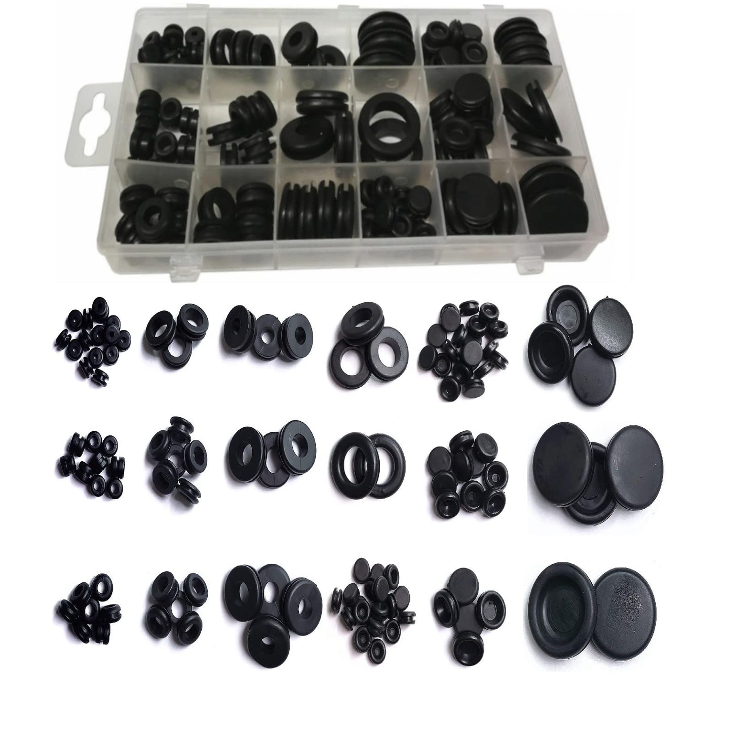 125pcs Rubber Grommet Assortment Kit 18 Sizes, Black Rubber Hole Plugs, Electrical Conductor Wiring Rubber Gaskets and Blanking Gasket Ring Grommets