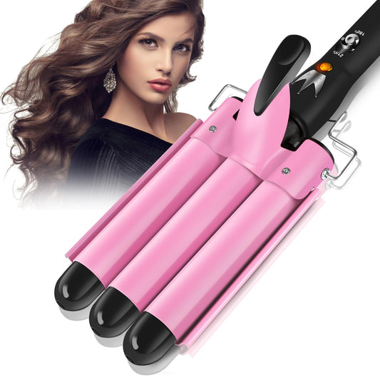 3 Barrels Hair Curler - 25mm Curling Iron Tongs Hair Waver Mermaid Waves Wand Beach with 2 Temperature Control Quick Heating for Long or Short Styling Pink