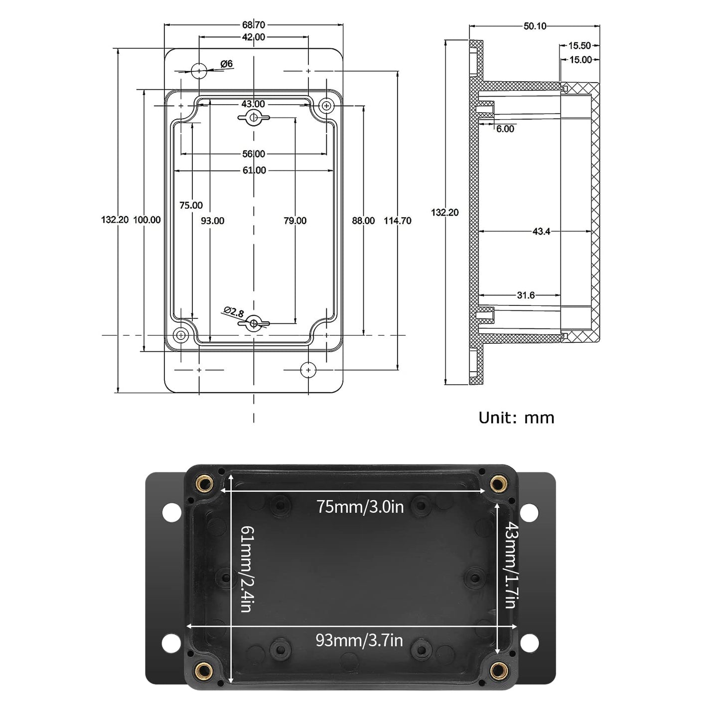 2 Pcs Junction Box Waterproof IP65, Electronic Project Box Enclosure Case, Electrical Junction Box Electronics with Fixed Ear Compatible with Electronic Project - Black B100X68X50MM