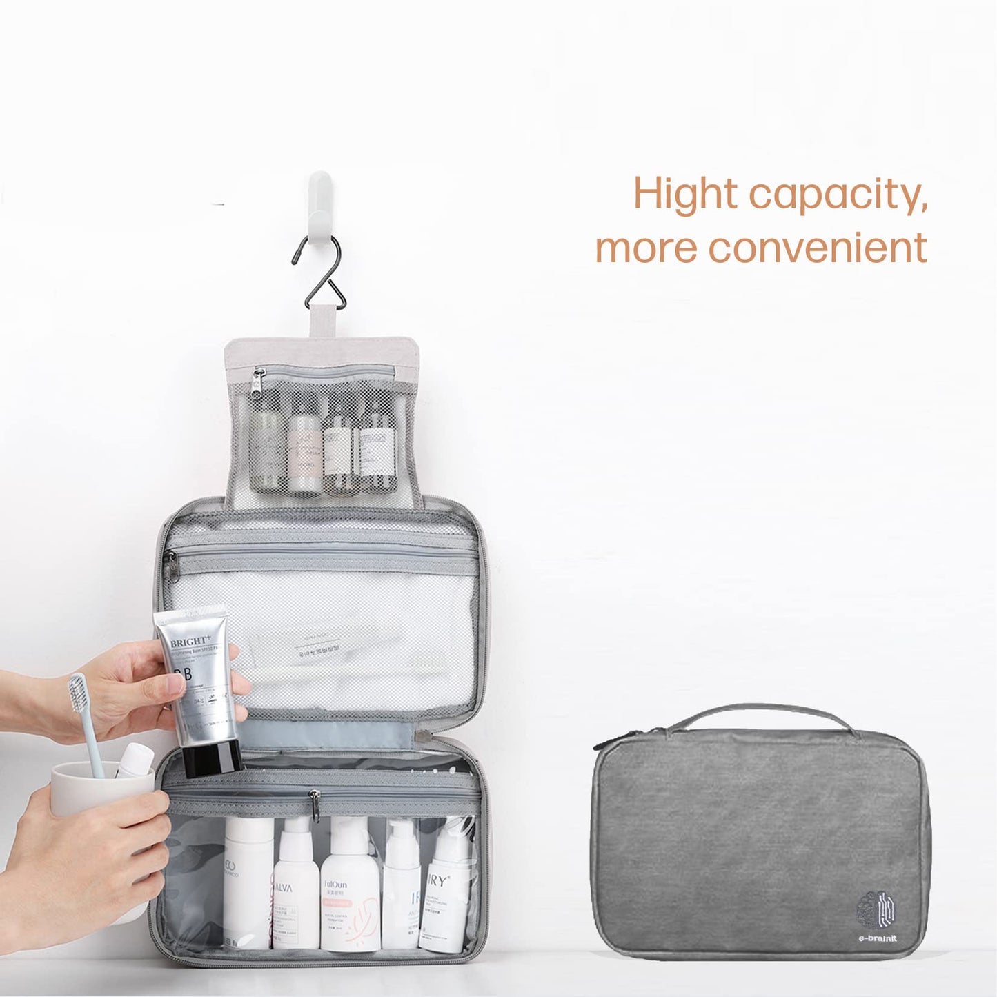 Beauty Case Travel Toiletry Bag Waterproof 3 Compartments Bag for Bathroom Accessories Grey Unisex