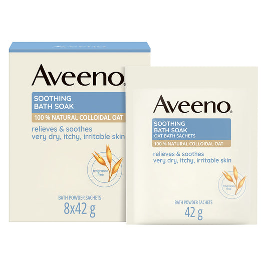 Aveeno Soothing Bath Soak, with 100% Natural Colloidal Oat, Suitable for Sensitive Skin, Relieves & Soothes Very Dry, Itchy & Irritable Skin, 8x42g Powder Sachets 42 g (Pack of 8) Soothing Bath Sachets