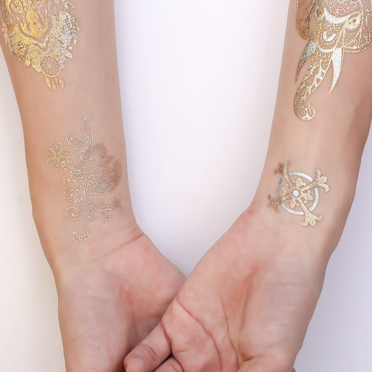 11 Sheets Metallic Gold Silver Glitter Temporary Tattoos, Waterproof Long Lasting 3D Fake Tattoo Stickers, Party Favors for Adult (Butterfly Elephant Animal Flower Cross) 11 Sheets