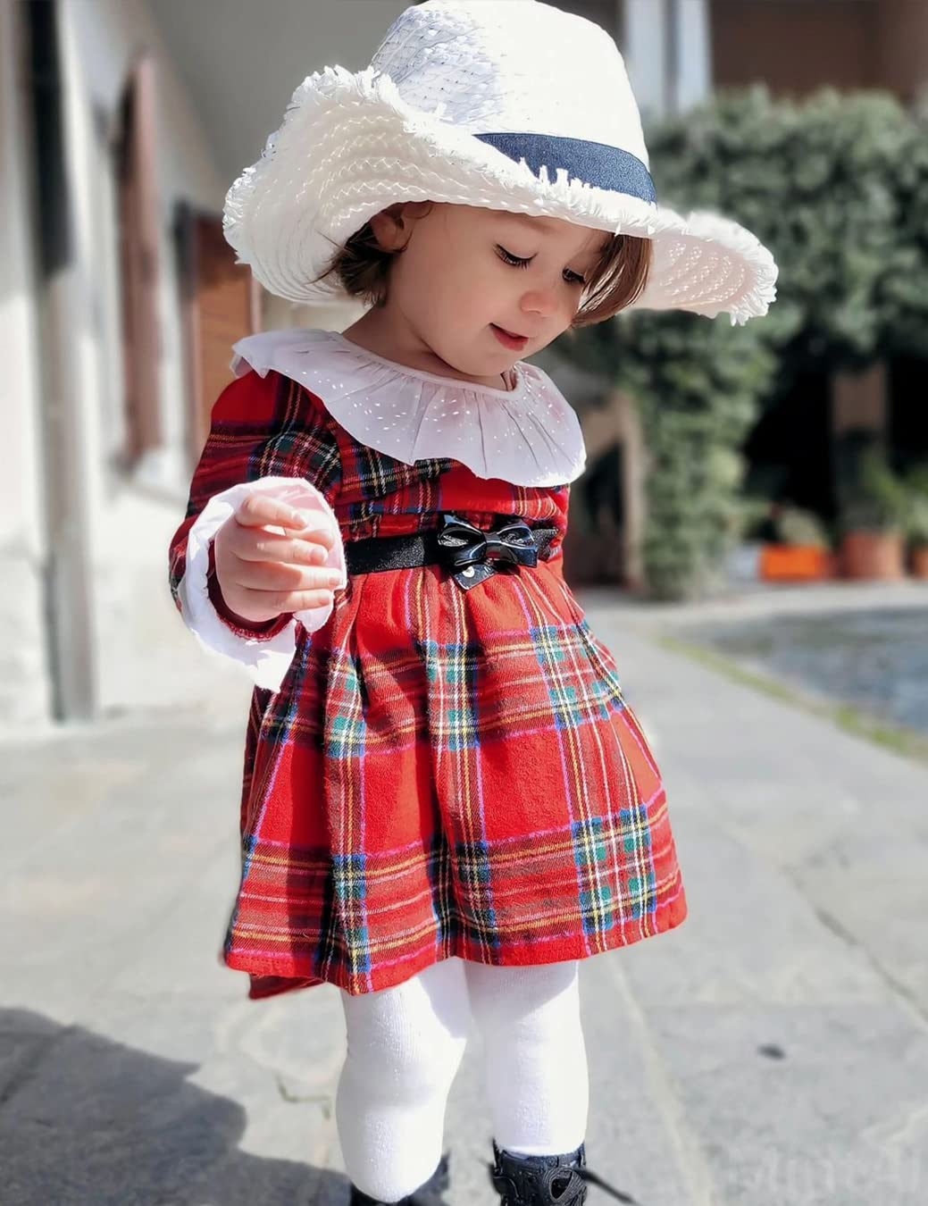 AGQT Toddler Girls Princess Dress Long Sleeve Party Dress Casual Dresses Up Size 3M-6T White Neck Red Plaid Dress 5-6 Years