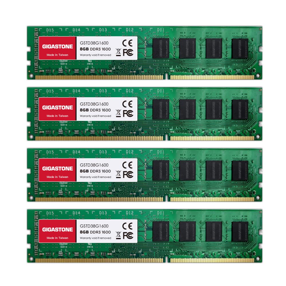 【DDR3 RAM】GIGASTONE 32GB Kit (4x8GB) DDR3/DDR3L 1600MHz (1333MHz) PC3-12800 (PC3-10600) CL11 1.35V/1.5V 2Rx8 UDIMM 240 Pin Unbuffered Non ECC High Performance PC Desktop Memory Upgrade