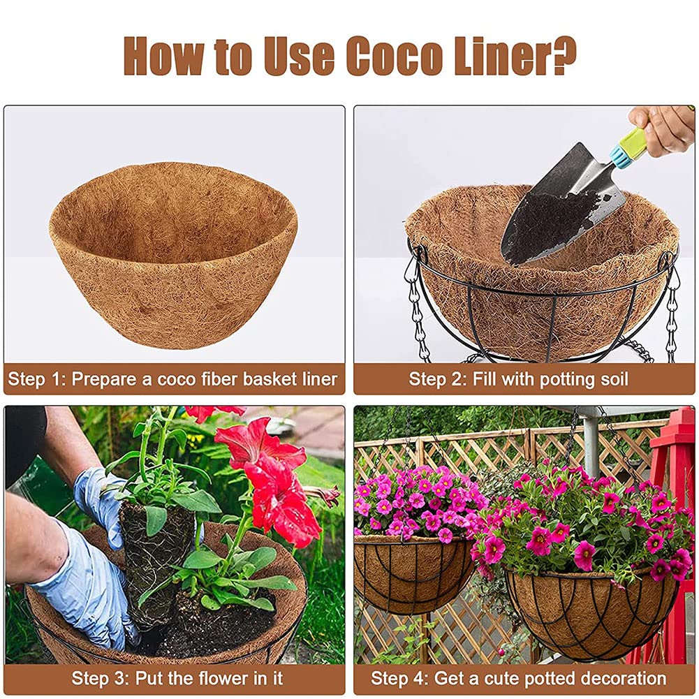 VLYHGO Coco Liner 14 Inch Hanging Basket Coir Liner 100% Natural Round Coconut Fiber Replacement Liners for Hanging Basket Flowers Vegetables (2 PCS) 14in