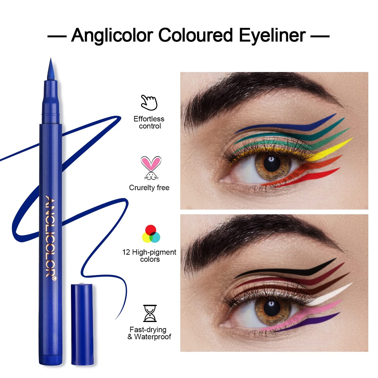 Anglicolor 12 Colours Coloured Eyeliner, Matte Liquid Eyeliner Set, Long Lasting Waterproof Neon Eyeliner Pen, Highly Pigmented Smudge-proof Colourful Eye Liners for Wedding Party (12 Colors) 12 Colors