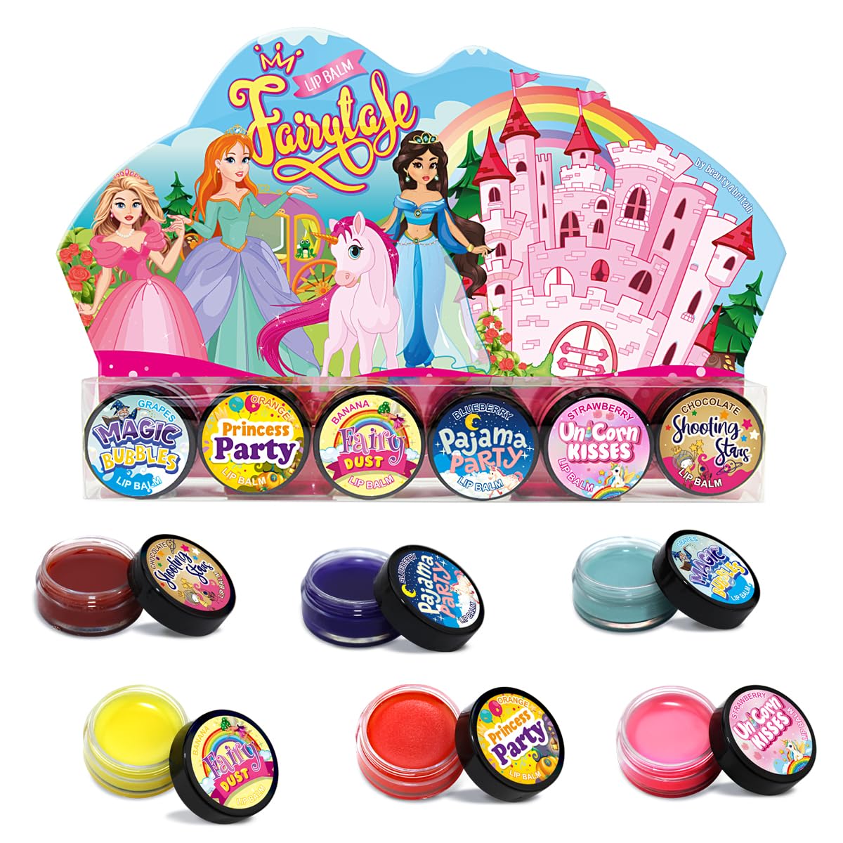 Beauty4Britain Set of 6 Kids Lip Balm Princess Shining Non-Colour Nourishing Fruity & Chocolate Scented Girls Lip Balm Set Clear when applied