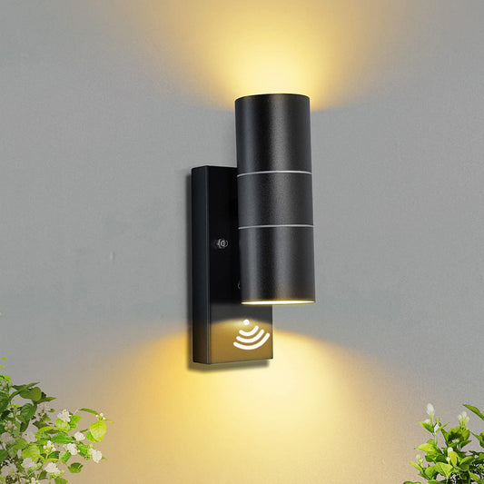 Unikcst Dusk to Dawn Sensor Outdoor Wall Lights Mains Powered 240V IP44 Black Up Down Outside Wall Lights for Front Door Porch -Incl. 2X 5W LED GU10 Bulbs Warm White