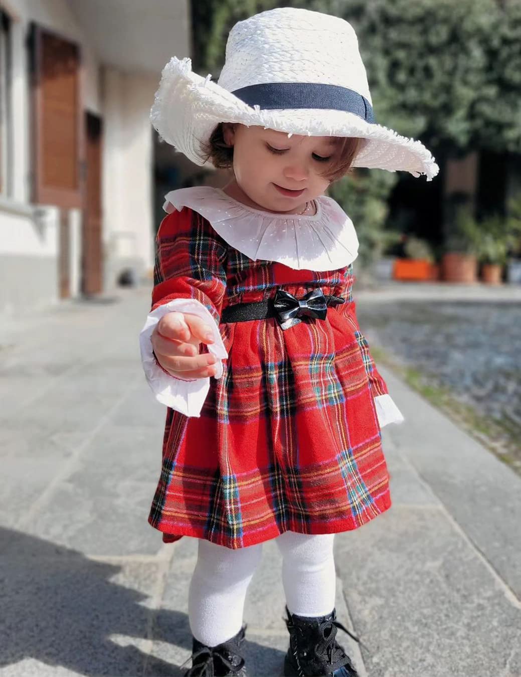 AGQT Toddler Girls Princess Dress Long Sleeve Party Dress Casual Dresses Up Size 3M-6T White Neck Red Plaid Dress 5-6 Years