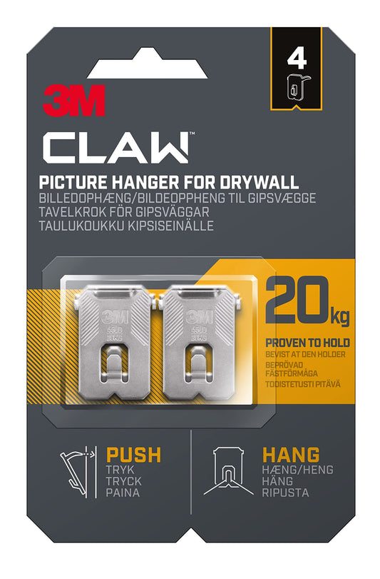 3M Claw Plasterboard Picture Hanging Wall Hooks For Hanging Home Décor, 4 Hangers, Holds up to 20 kg - Ideal for Heavyweight Items Steel 20 Kg (4 pack)