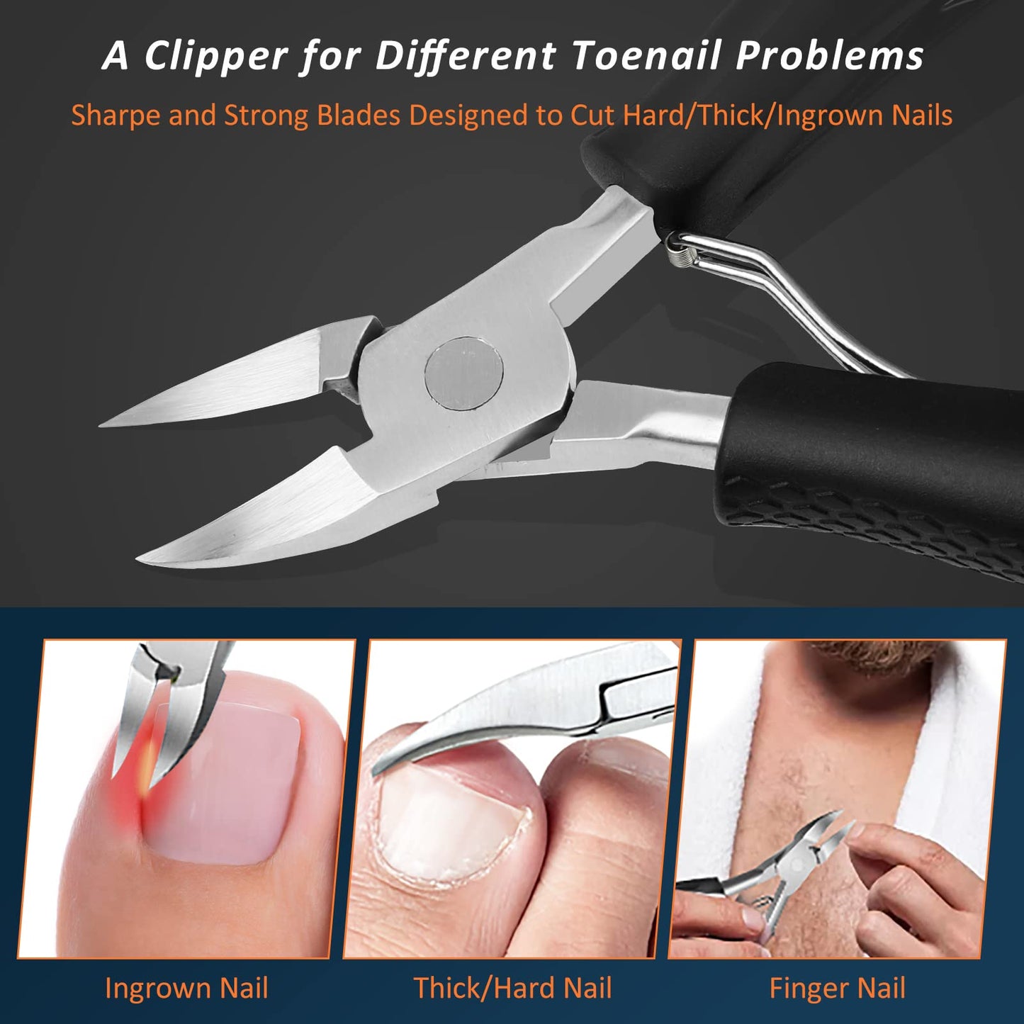 Wellehomi Toenail Clippers for Thick and Ingrown Nails, Black Nail Clipper Kit and Professional Podiatrist Toenail Clippers Heavy Duty Nail Scissors Toenail Treatment Tools Kit for Men Women Elderly