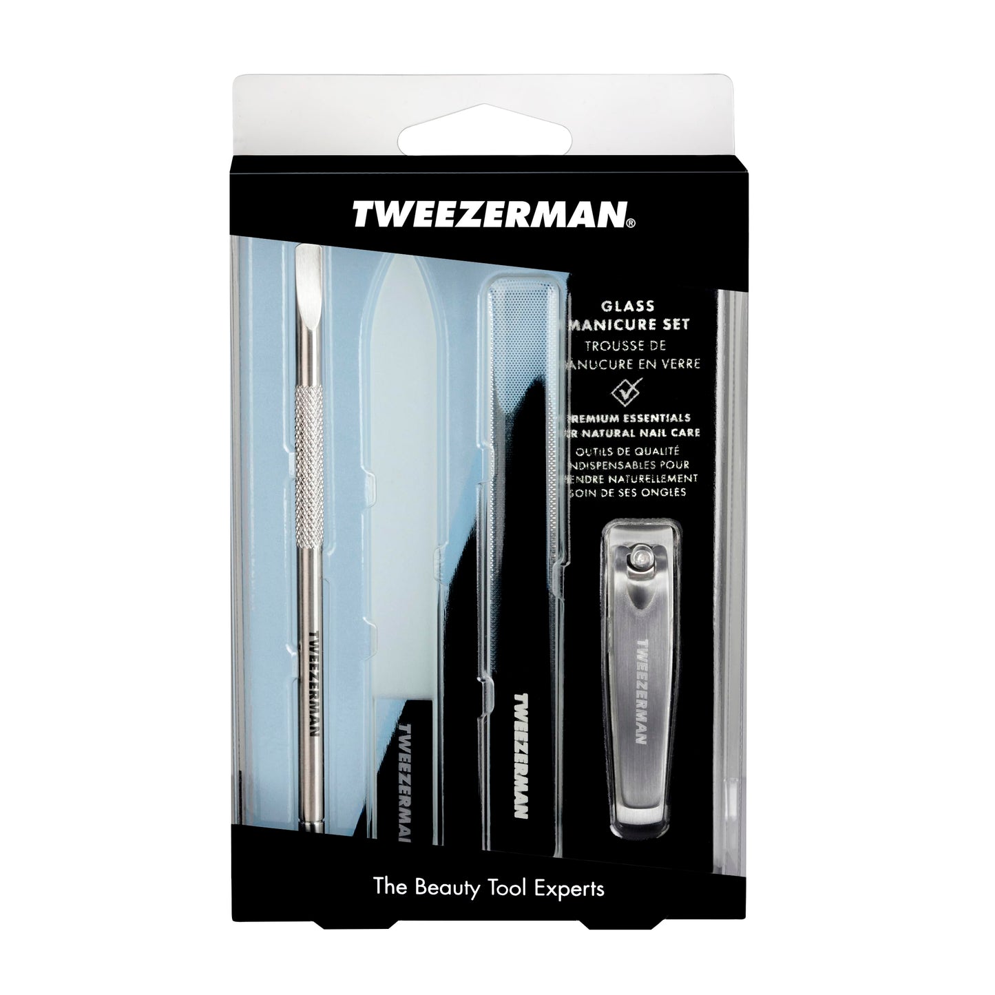 Tweezerman 4pce Glass Manicure Set - Professional Nail Kit for The Perfect Nails Includes Glass Nail File & Buffer, Nail Clippers, Pusher, Suitable for Women, Men & Teenagers