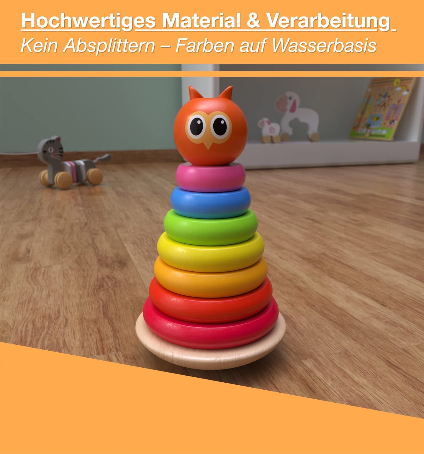 WoodyWood® - Wooden Owl Stacking Tower for Baby and Children from 1 Year Old, 10-Piece Pyramid for Stacking, Baby Stacking Tower with Colour Rings to Promote Motor Skills and Concentration, Wooden Toy