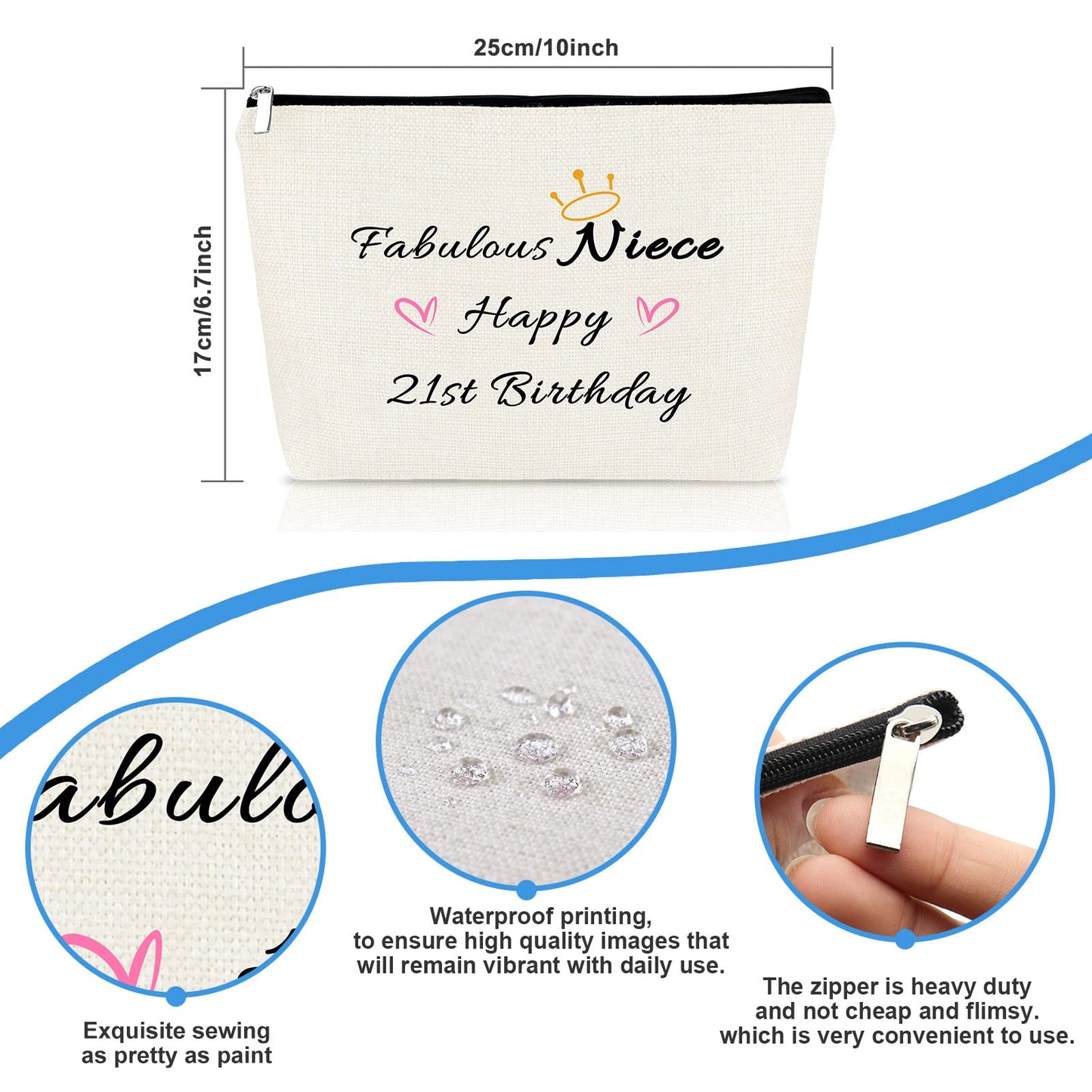 21st Birthday Gifts for Niece Makeup Bag Gift Niece Gifts from Aunt Uncle 21 Years Old Birthday Gift for Her 2004 Birthday Gifts for Women Christmas Cosmetic Bag Makeup Pouch Travel Toiletry Bag Off White