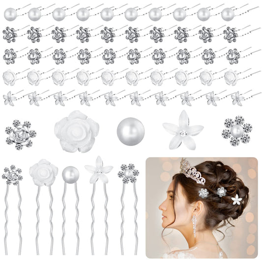 50 Pieces Bridal Wedding Hair Pins White Rose Flower Hair Pins White Flower Rhinestone Hair Pins Faux Pearl Hair Pins Bridal Rhinestone Hair Clips Accessories for Women Girls, Silver White