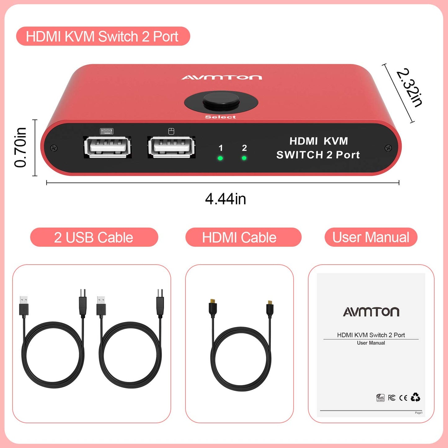 AVMTON KVM Switch HDMI, HDMI KVM Switch 2 Port, USB KVM, KVM Switch Displayport, KVM Switch HDMI Box 2 in 1 Out, Support 4K@30Hz 3D 1080P, with 2 USB Cables, for Mouse Keyboard, Support Hotkey Switch