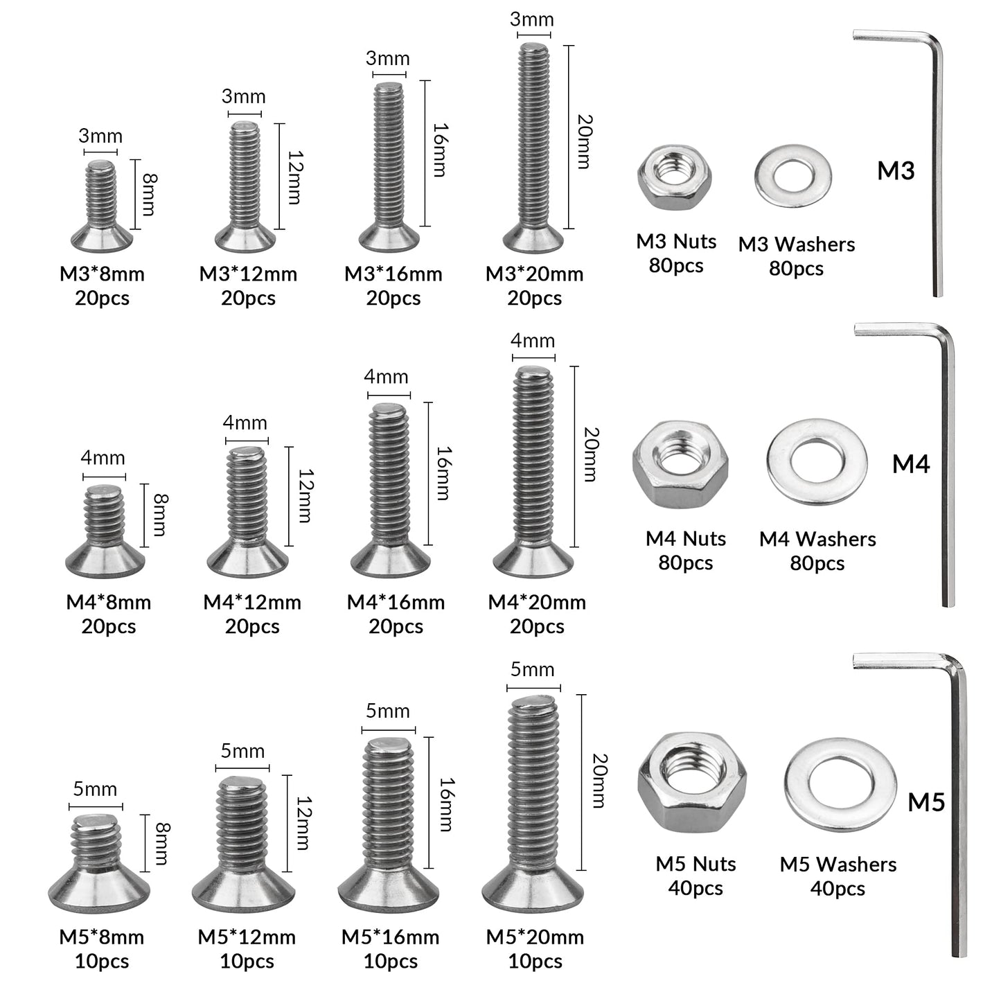 600Pcs M3 M4 M5 Countersunk Bolts Nuts and Washers Set, 304 Stainless Steel Flat Head Socket Cap Hexagonal Machine Screws Assortment Kit with 3 Free Hex Wrenches (8/12/16/20mm)