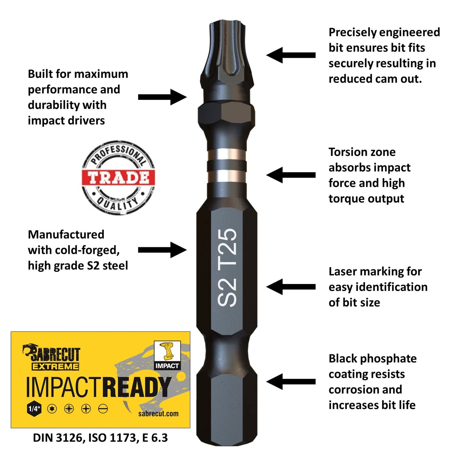 10 x SabreCut SCTX2550_10 50mm TX25 T25 Impact Screwdriver Driver Bits Set Single Ended Torx Heavy Duty Including Storage Box