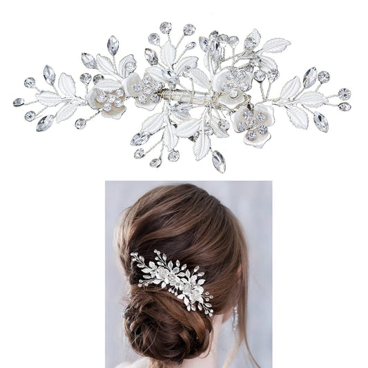 Wedding Hair Clip Rhinestone Bridal Hair Accessories Flower Hair Clip for Bride Bridesmaid Silver Handmade Flower Hair Pins Head Pieces for Women and Girls Hair Piece (Sliver) Sliver