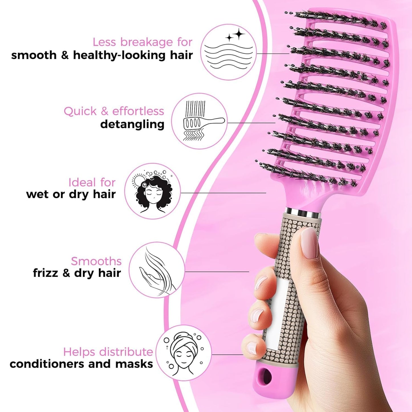 𝐒𝐈𝐃𝐒𝐓𝐘𝐋𝐄𝐒™Boar Bristle Hair Brush for Thin, Fine & Normal Hair – Natural Soft Bristles for Frizz-Free, Healthy Shine – Hairbrush for Women & Men, Promotes Hair Growth & Scalp Circulation Pink