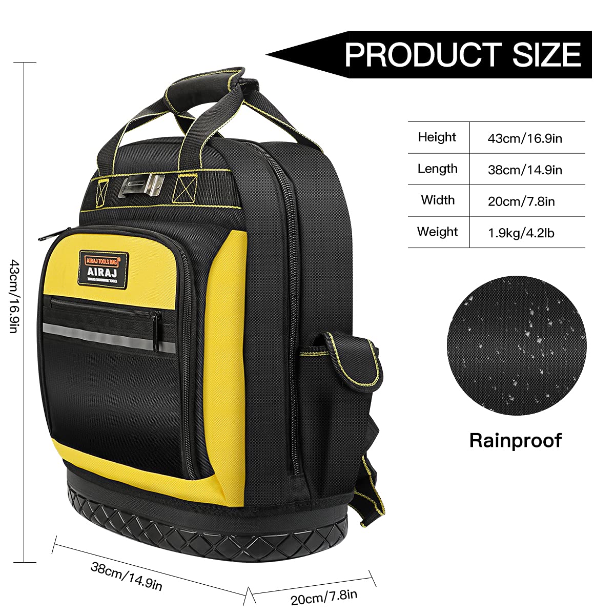 AIRAJ 43 x 38 x 20 cm Tool Backpack,Heavy Duty Tool Backpack with ABS Rubber Base,Easy to Carry (Backpack/Handbags) Tool Backpacks Suitable for Electrician, Plumber, Maintenance Worker