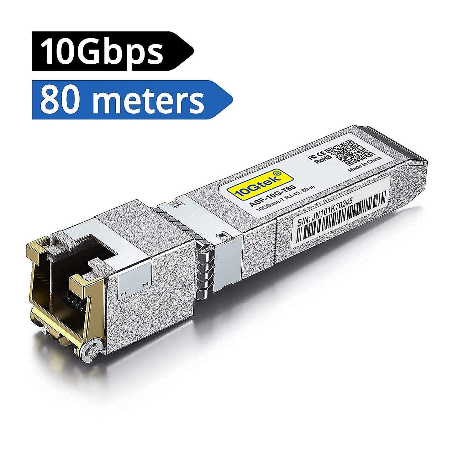 10Gtek 80-Meter 10GBase-T SFP+ to RJ45 Transceiver, RJ45 to SFP+ Copper Ethernet CAT.6a Module, Compatible for Cisco SFP-10G-T-80, Ubiquiti UniFi, Mikrotik, Netgear AXM766, D-Link 10GBase-T: 80m 1